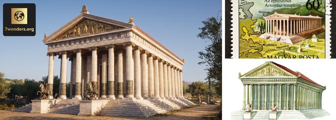 Temple of Artemis montage with photo reconstruction, artists impression and stamp